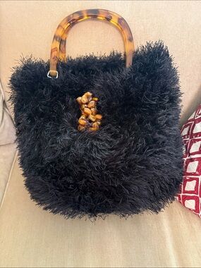 Black Handknit Felted Handbag with Tortoiseshell Handles and details, New